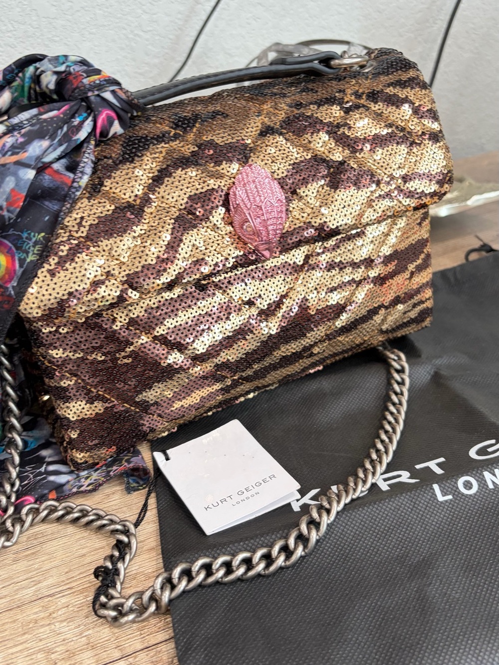 Kurt Geiger Gold, Brown & Pink Sequin Chain Crossbody Bag